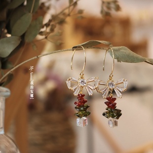 免邮「小圣诞树」原创手作琉璃少女心闪亮圣诞蝴蝶结清新耳环耳夹