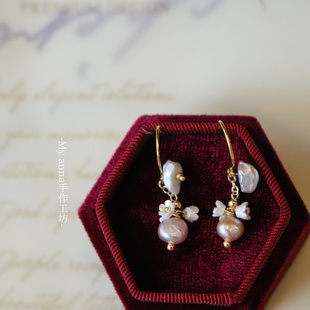 晚秋意 精致日常~原创手作优雅小巧天然珍珠包金耳环无耳洞耳夹