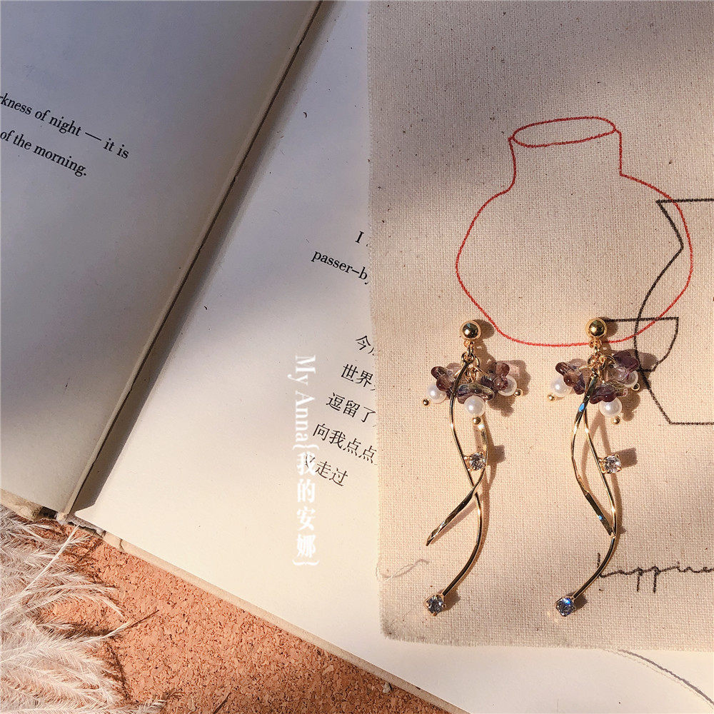 Anna手作/紫藤花 修脸型14K包金进口琉璃花日系森女仙气耳环耳夹