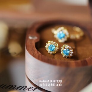 蓝星辰|日系 定制海水蓝锆石复古日系精致珠宝感耳钉耳夹戒指套装
