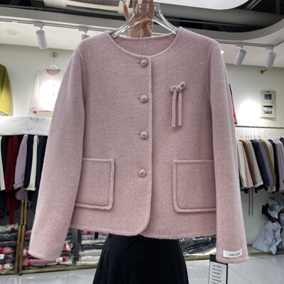 粉色蝴蝶结双面羊绒大衣女短款2025秋冬新款韩版高级感羊毛呢外套