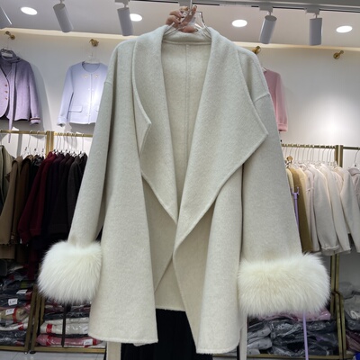 腰带修身2025冬季新款双面羊毛大衣女中长款狐狸毛袖口羊毛外套