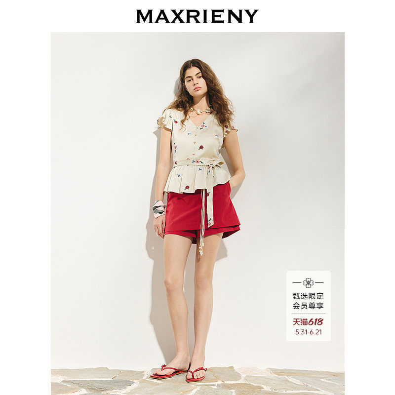 【商场同款】MAXRIENY复古感高腰A字阔腿短裤26年夏款酒红裤子