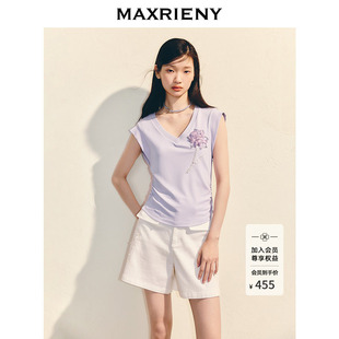 修身 显瘦气质上衣女 新款 MAXRIENY精致日常收腰抽褶钉珠t恤25夏款