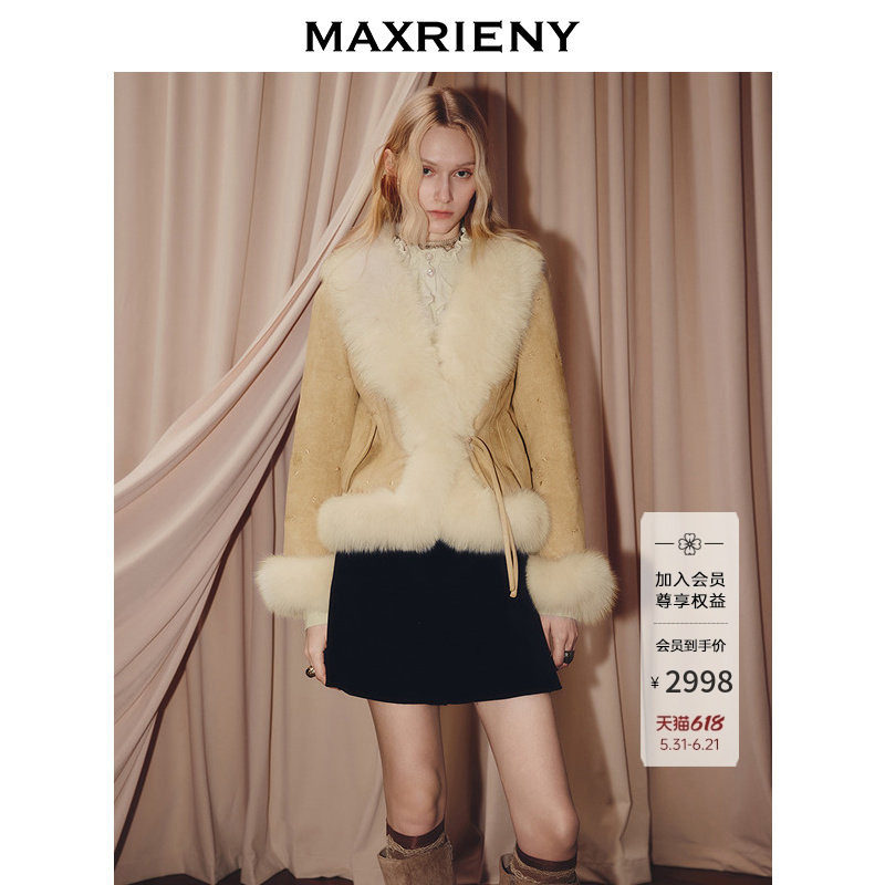 MAXRIENY松绒系穿搭狐狸毛领羽绒服女25冬款麂皮巴恩风外套慵懒感
