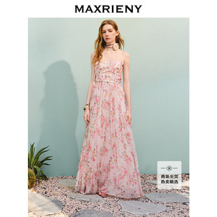 【孟子义同款】MAXRIENY浪漫度假风吊带连衣裙25夏款碎褶修身长裙
