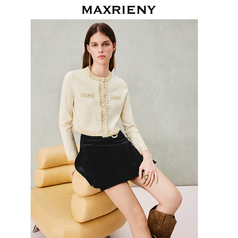 MAXRIENY小香风针织开衫25冬款钉珠织带针织短外套暖冬甜美感千金,女装/女士精品,毛针织衫,淘宝优惠券,粉丝福利购,淘宝优惠卷
