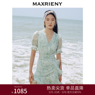 MAXRIENY显瘦蕾丝V领茶歇裙夏碎花连衣裙高腰裙