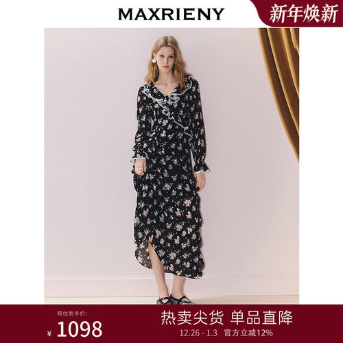 荷叶边印花连衣裙，精致印花图案设计