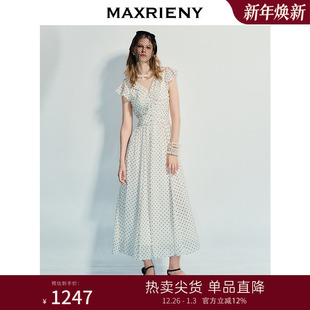 MAXRIENY法式 浪漫感撞色黑白波点v领连衣裙女精致复古感气质长裙