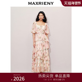 MAXRIENY大方领浪漫复古抽褶连衣裙高级气质感女装 修身 显瘦