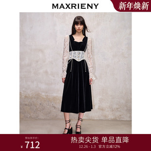 MAXRIENY法式 气质裙子 宫廷复古风拼接蕾丝丝绒连衣裙秋款