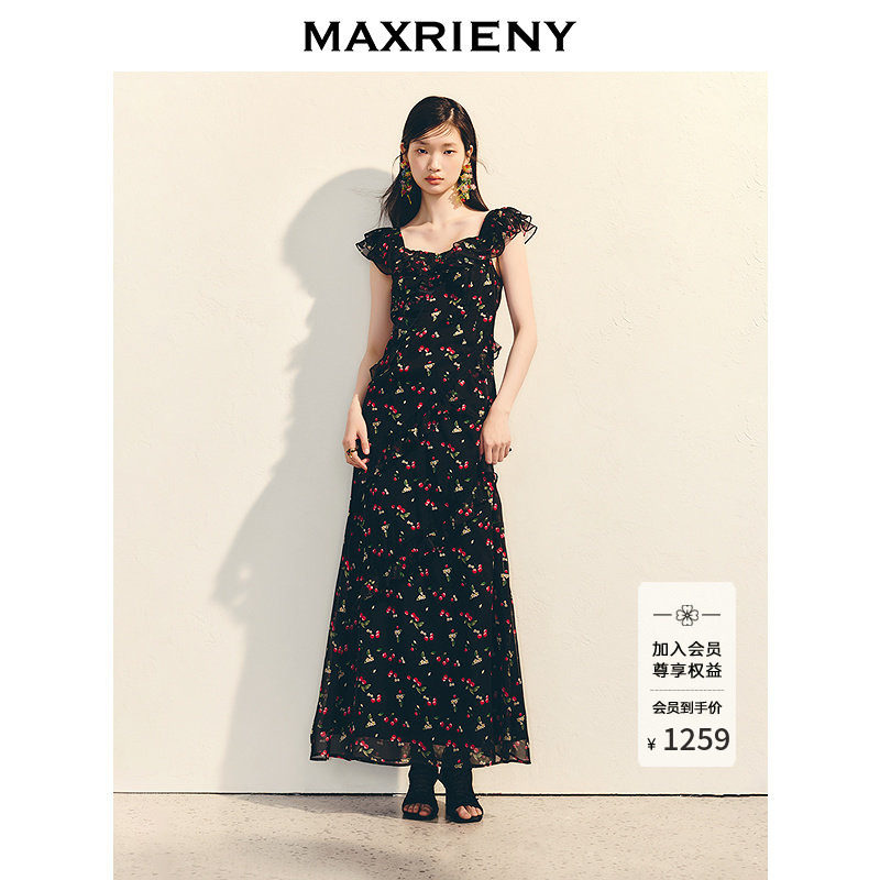 MAXRIENY樱桃印花收腰连衣裙长款25夏季新款法式度假雪纺气质长裙