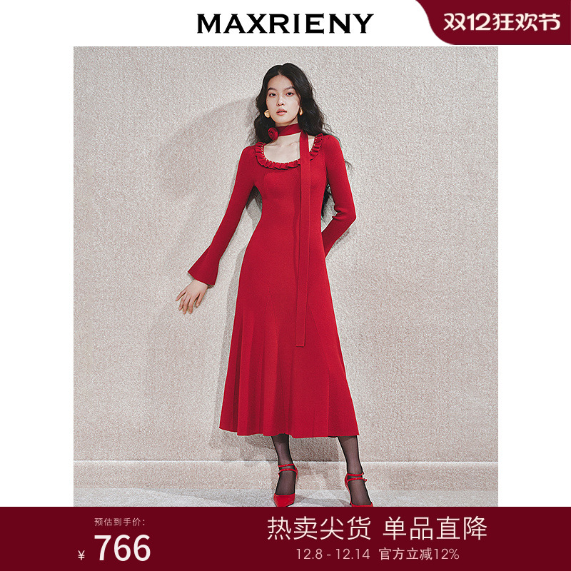 精致复古新年红连衣裙修身针织裙