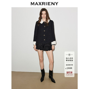 MAXRIENY黑色羊毛外套2026年春季 娃娃领小香风花纱钉珠短外套 新款