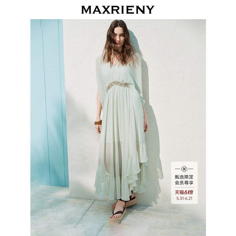 【商场同款】MAXRIENY法式飘逸雪纺连衣裙26夏重工钉珠不规则长裙