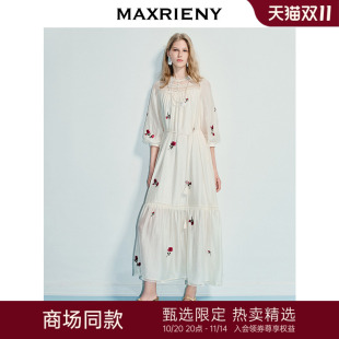 灯笼袖 MAXRIENY度假风气质醋酸连衣裙25秋款 收腰长裙 商场同款