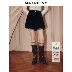 蕾丝拼接伞摆高腰裙裤 25秋款 女 复古收腰A型丝绒短裤 MAXRIENY法式