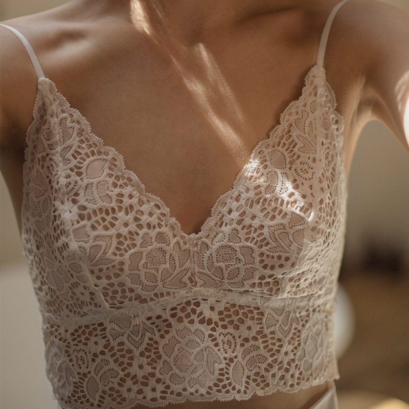 法式无钢圈吊带裹胸内衣少女超薄bralette蕾丝美背三角杯文胸薄款