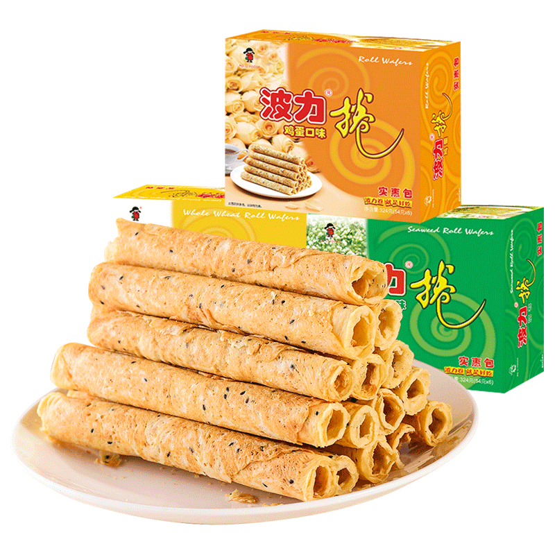 波力蛋卷324g盒装海苔味鸡蛋卷夹心卷饼干小零食品礼盒装小吃