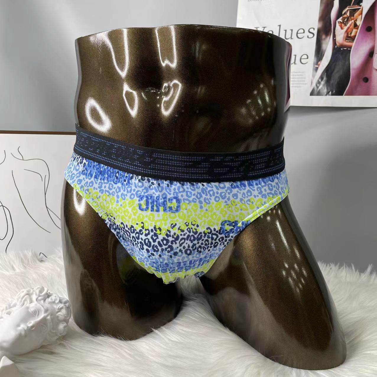 BODYGUARD男士中腰蓝色豹纹印花网纱面料甜美紧身三角裤内裤男