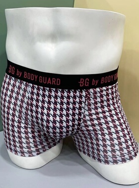 BODYGUARD男青年千鸟格子酒红色简约中腰紧身平角裤内裤男士