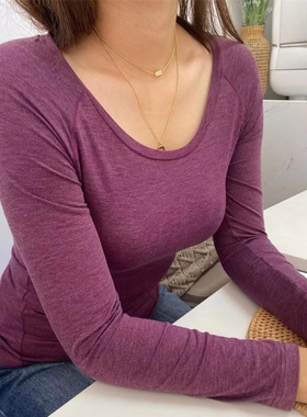 青年紫色简约薄款圆领9分袖修身纯色保暖上装女士