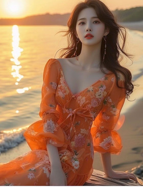 新款连衣裙修身显瘦桔梗法式橘色碎花连衣裙沙滩裙女海边度假超仙