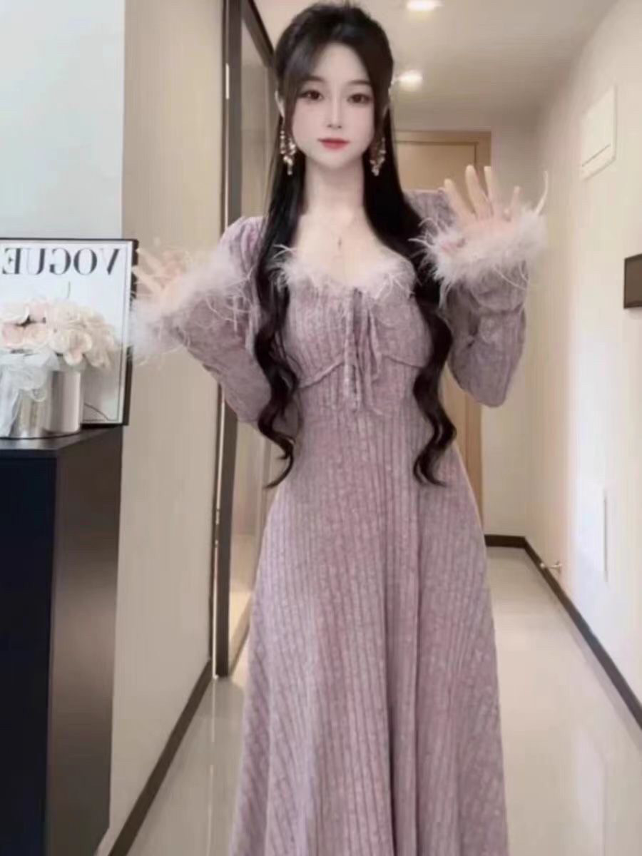 秋冬新款连衣裙毛毛领可爱长裙仙女裙子过膝紧身显瘦打底连衣裙女