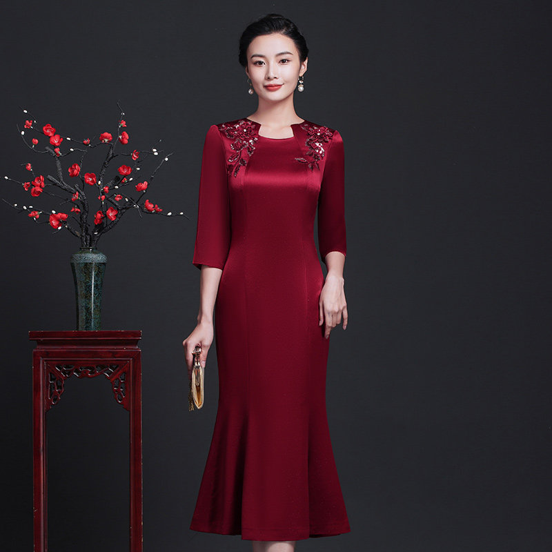 高端包臀礼服喜婆婆妈妈婚礼婚宴显瘦鱼尾连衣裙中长款2026新款,女装/女士精品,旗袍,淘宝优惠券,粉丝福利购,淘宝优惠卷