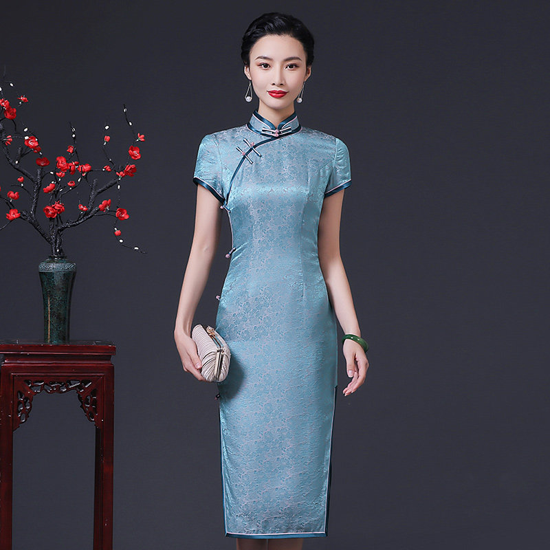 提花真丝旗袍中长款春季复古修身连衣裙旗袍裙日常淡雅气质旗袍裙