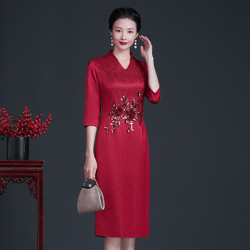 长袖礼服婚礼妈妈装新式旗袍酒红