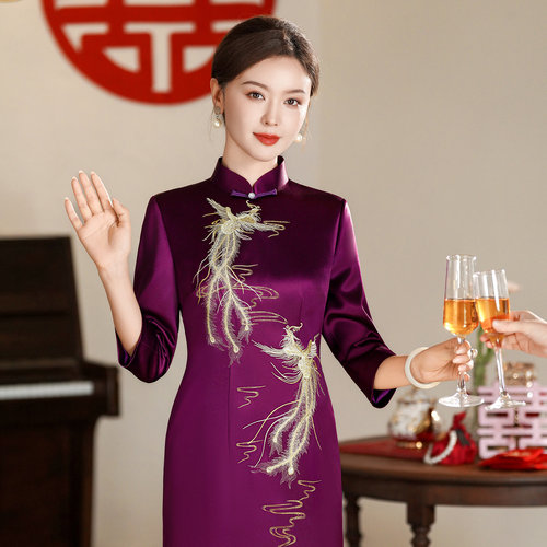 婚宴妈妈装紫色中长旗袍2026新款