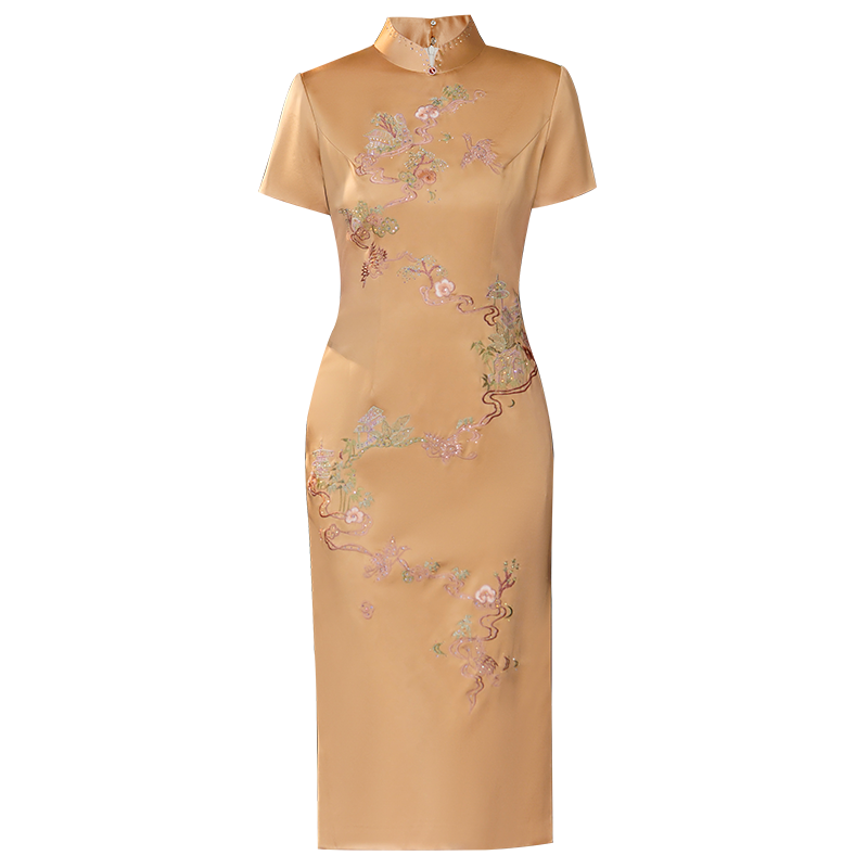 婚宴刺绣旗袍妈妈礼服复古中长款