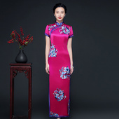 刺绣真丝旗袍玫红色桑蚕丝旗袍裙婚礼妈妈走秀高档礼服气质旗袍