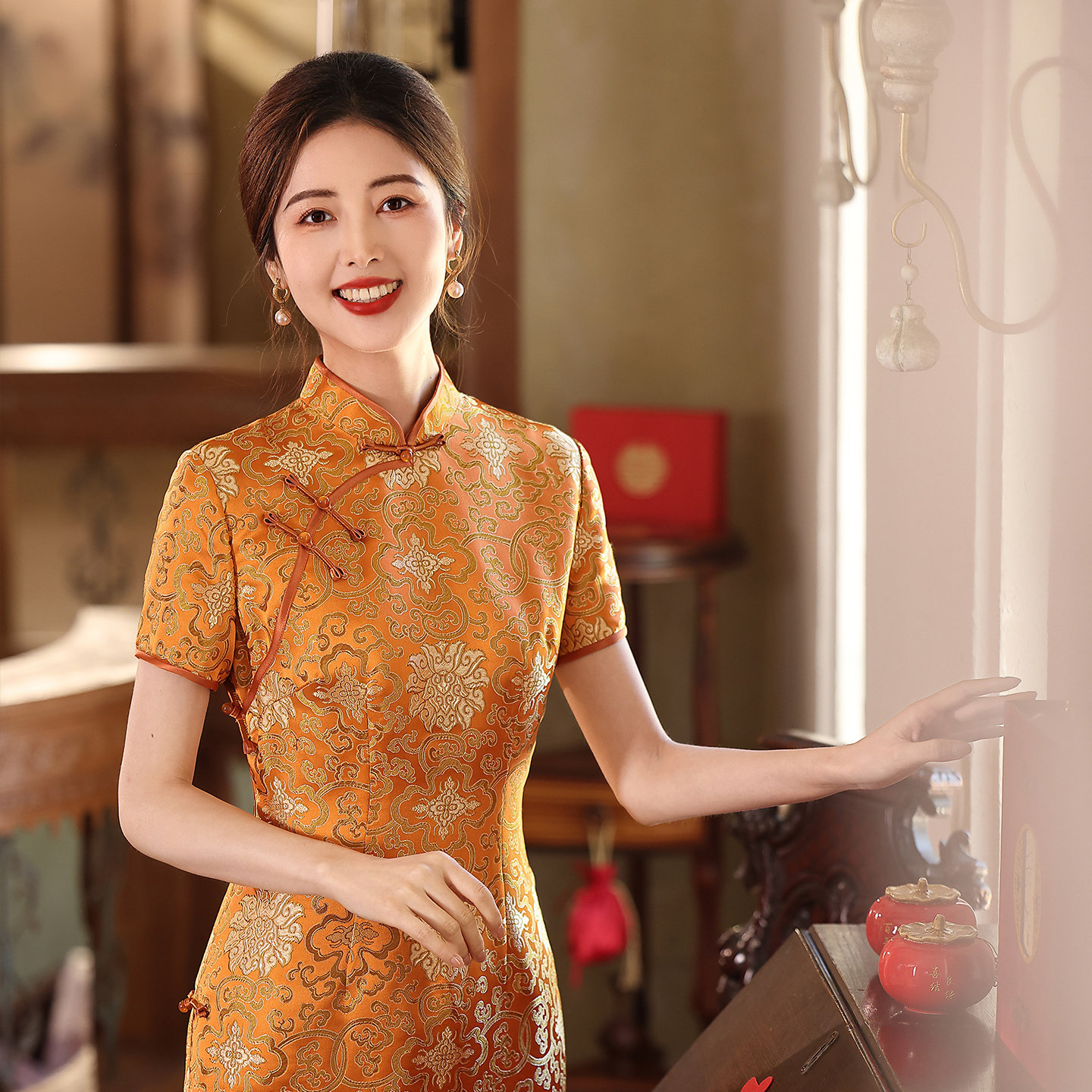 2026新款真丝宋锦复古妈妈旗袍裙