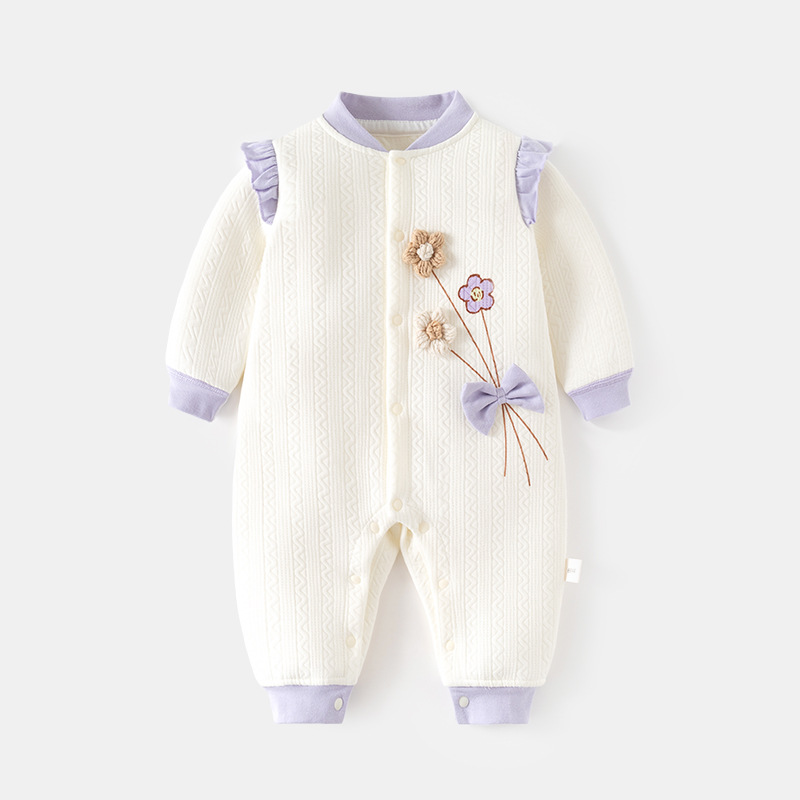 婴儿对开保暖连体衣女宝宝秋冬无骨哈衣新生儿夹棉爬服baby连身衣