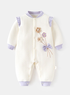 婴儿对开保暖连体衣女宝宝秋冬无骨哈衣新生儿夹棉爬服baby连身衣