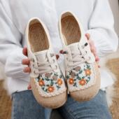 老北京布鞋 女一脚蹬懒人休闲百搭平底渔夫鞋 绣花鞋 春秋透气亚麻鞋