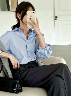 小众炸街高级感女装蓝色基础衬衫女款外穿长袖休闲百搭衬衣高品质