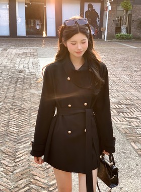 名媛风网红爆款显瘦围脖设计黑色风衣外套女装大衣秋季