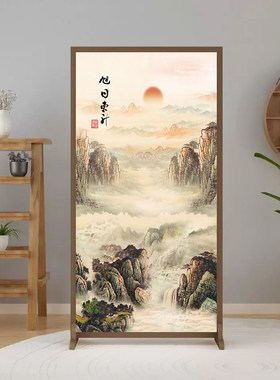 新中式山水画屏风隔断客厅入户玄关卧室家用背景墙可定制仿木纹