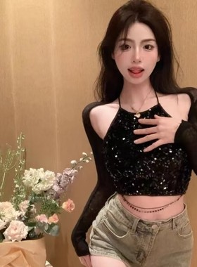 新款ckpink舞团同款rose亮片露脐短款上衣显瘦舞台演出装女夏时尚