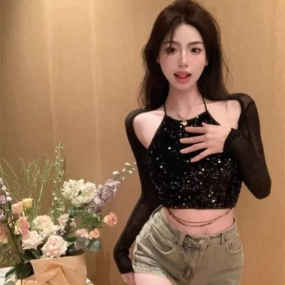 新款ckpink舞团同款rose亮片露脐短款上衣显瘦舞台演出装女夏时尚