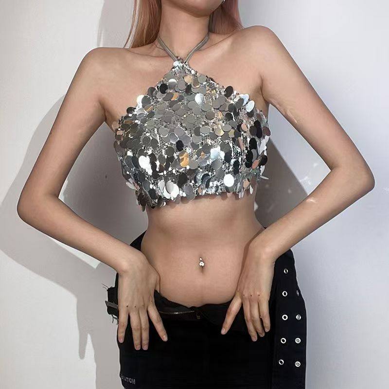 新款ckpink舞团同款rose亮片露脐短款上衣显瘦舞台演出装女夏时尚