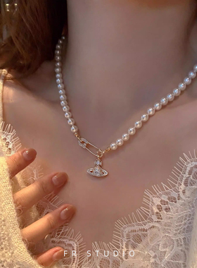 土星水晶仿珍珠项链女短款原创多用锁骨链颈链米珠吊坠