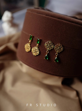 小轩窗中式复古祖母绿色蕾丝925耳环女气质优雅古风