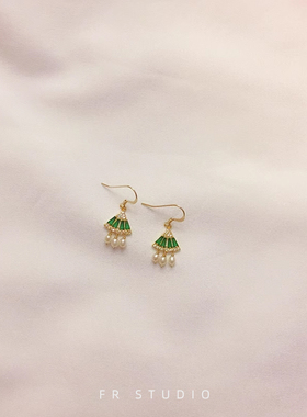 高级感925纯银小扇子耳环14K包金祖母绿锆石镶嵌珍珠扇形小耳坠女