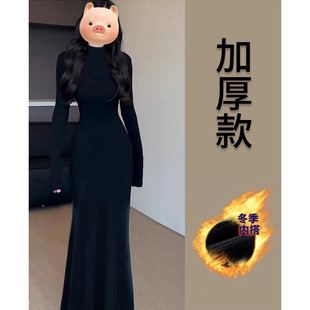 黑色步步生莲鱼尾连衣裙女秋冬内搭修身针织包臀高领春秋季长裙子