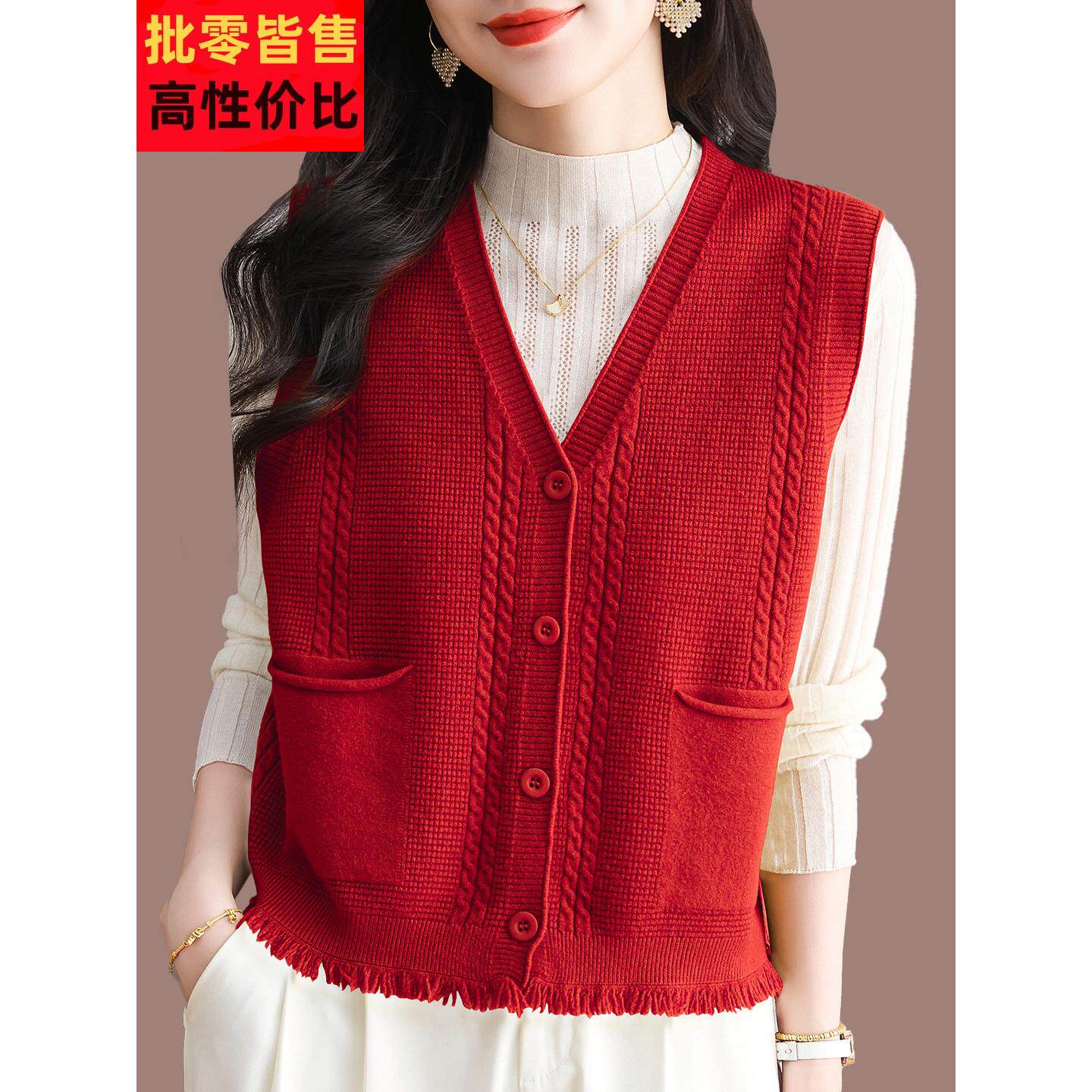 NMC羊衣毛针织秋马甲女季妈妈装新款洋气宽松大码V外搭领背心毛外